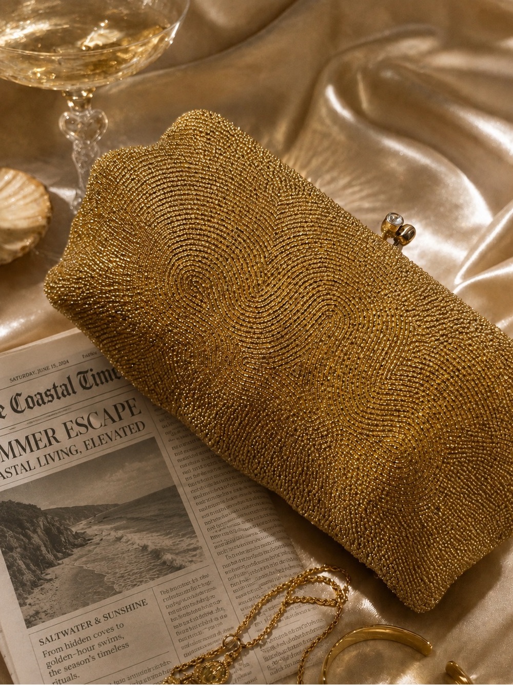 Vintage Magid Gold Beaded Evening Clutch | Hand-Beaded Art Deco Swirl Bag